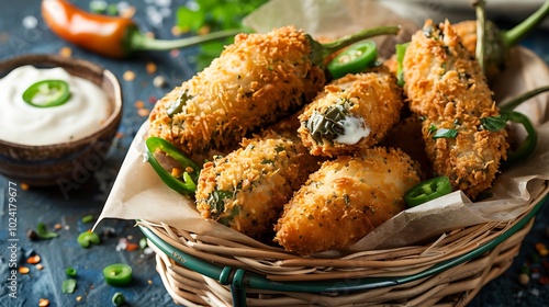 A basket of spicy jalapeno poppers with ranch on blue background