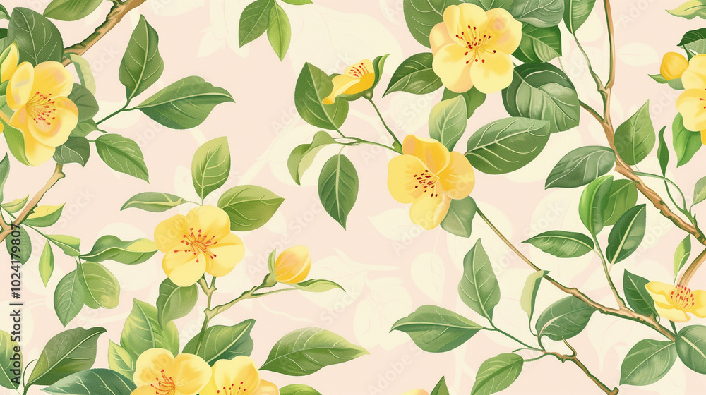 Seamless floral pattern with yellow flowers and green leaves on light background Seamless floral pattern with yellow flowers and green leaves on light background
