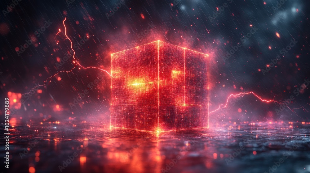 A glowing red cube with lightning strikes in the background, surrounded by a dark and stormy atmosphere. A glowing red cube with lightning strikes in the background, surrounded by a dark and stormy atmosphere.