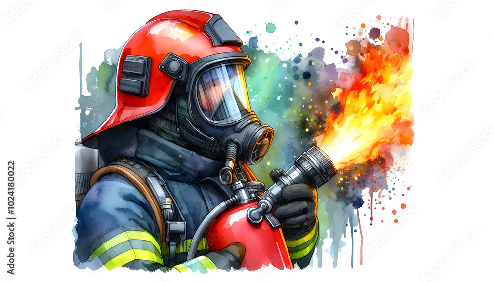 Obraz premium Watercolor illustration portrait of a fire service worker extinguishing fire.