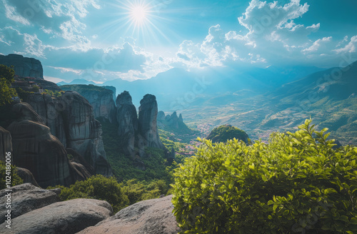 Meteora rock formations with the village of Kalambaka in Greece, sunny day with blue sky, beautiful landscape