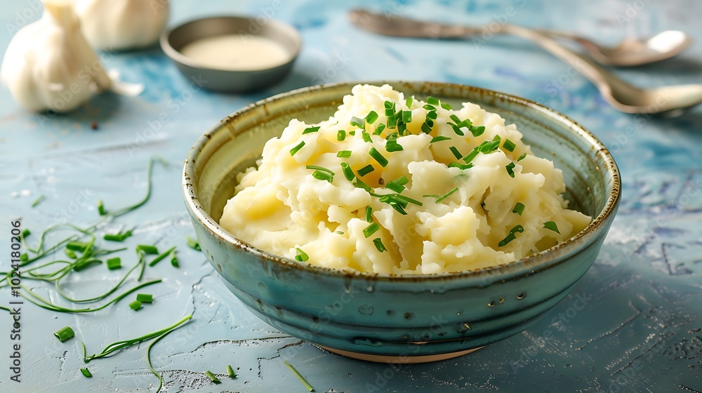A bowl of creamy mashed potatoes with gravy on blue background A bowl of creamy mashed potatoes with gravy on blue background