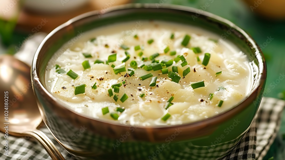 A bowl of creamy potato leek soup with chives on green background A bowl of creamy potato leek soup with chives on green background