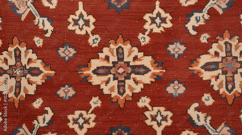 A close-up image of a traditional rug featuring a geometric pattern. A close-up image of a traditional rug featuring a geometric pattern.