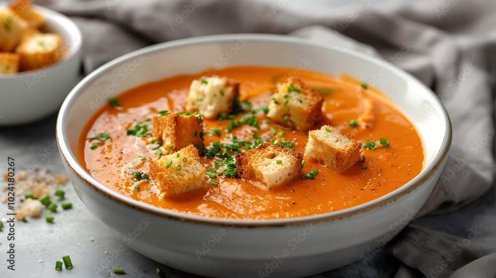A bowl of creamy pumpkin soup with croutons on grey background A bowl of creamy pumpkin soup with croutons on grey background