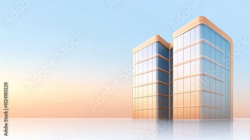 Modern office buildings with glass exterior under sunset sky.