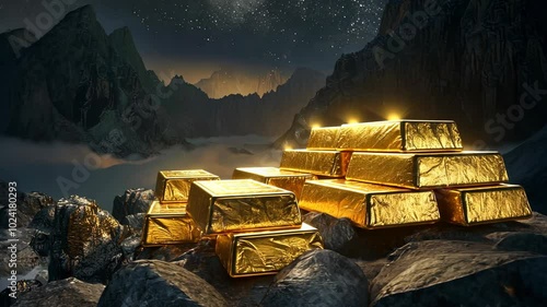 Gold bars rest on rocky terrain under a starry sky, illuminated by a celestial glow