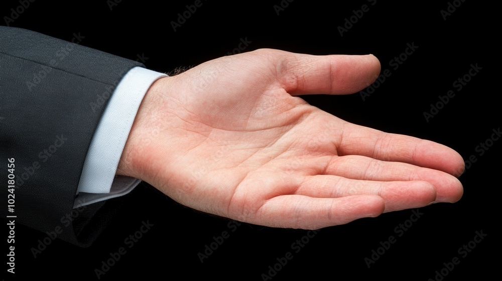 Fototapeta premium Open hand gesture in formal attire, ideal for professional contexts, isolated on black.