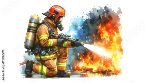 Watercolor illustration portrait of a fire service worker extinguishing fire.