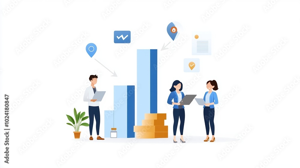Professional team analyzing data trends with graphs and devices on white background. Professional team analyzing data trends with graphs and devices on white background.