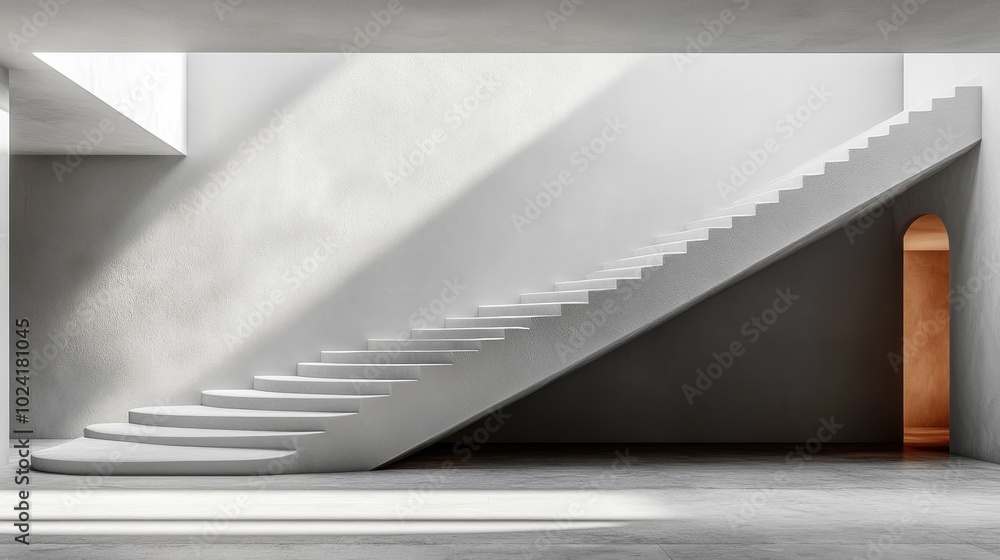 Fototapeta premium A modern staircase with a white wall and concrete floor in a contemporary interior design setting.