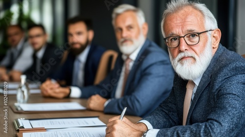 Serious business meeting with diverse professionals in formal attire.