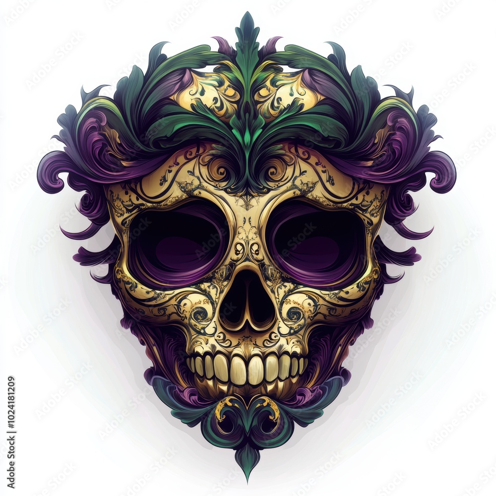 Ornate skull mardi gras mask design with floral elements, symbolizing culture and artistry. Ornate skull mardi gras mask design with floral elements, symbolizing culture and artistry.