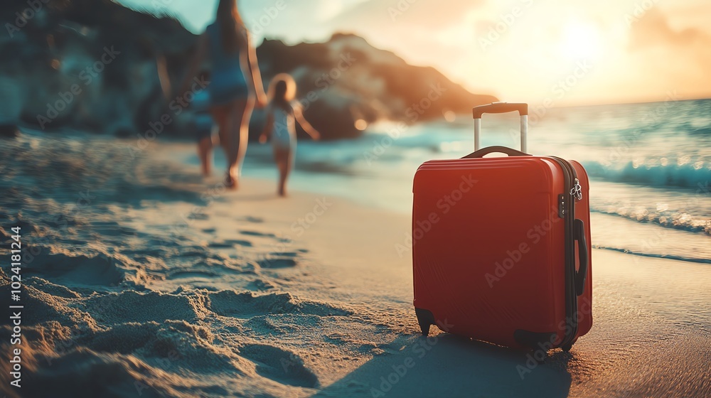 Red suitcase on beach, sunset in background, family silhouette. Red suitcase on beach, sunset in background, family silhouette.