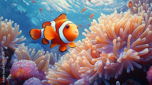 Clownfish and Anemones in Shallow Waters: A close-up of a clownfish swimming through a sea anemone in shallow, crystal-clear waters. The scene is colorful and detailed, with bright coral and a soft,