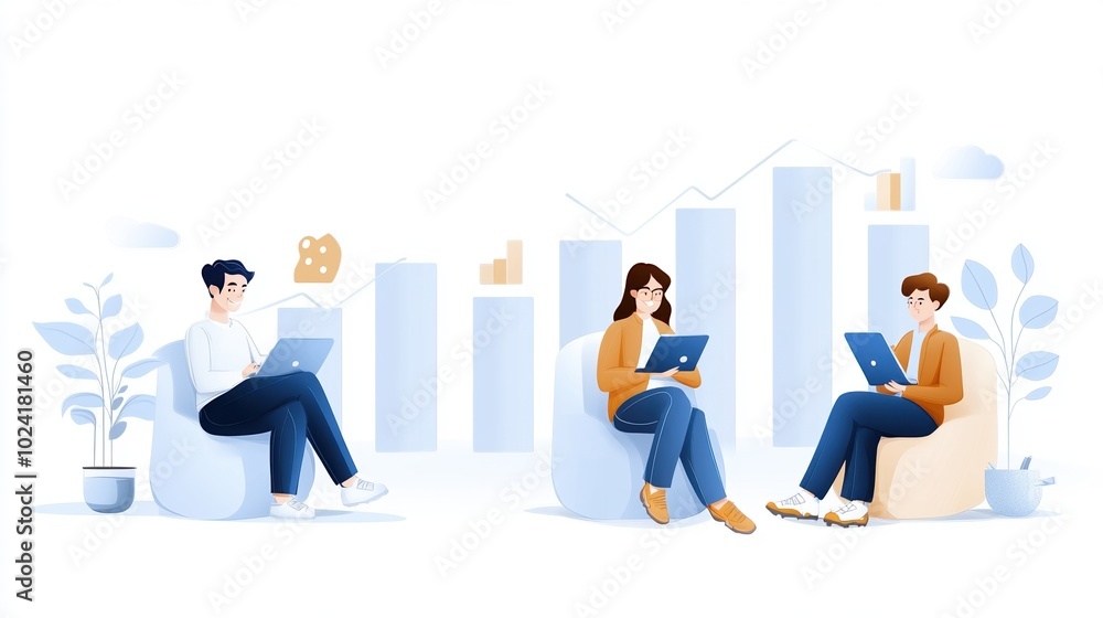 Fototapeta premium Three professionals collaborating with laptops, surrounded by plants and charts.