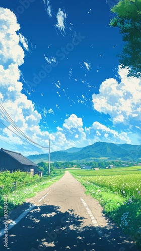 A Country Road Leading Through a Lush Green Field with Mountains in the Distance on a Sunny Day