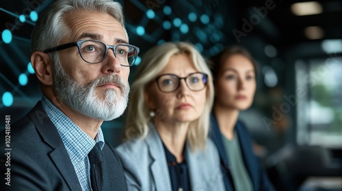 Three professionals focused in a modern workspace, showcasing teamwork and collaboration.