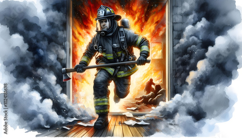 Watercolor illustration portrait of a A firefighter dashes through thick smoke, wielding an axe as they break through a door to rescue trapped civilians.