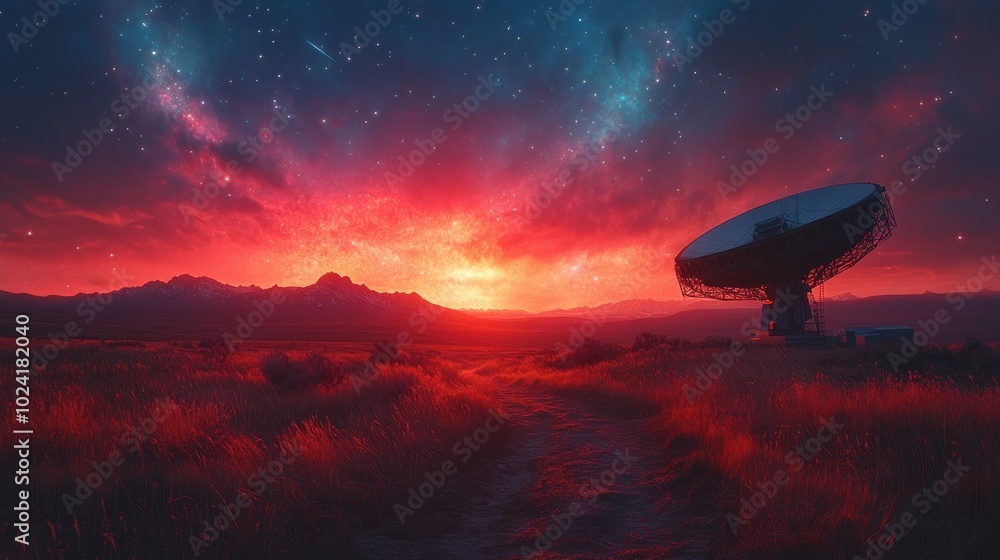 A large radio telescope sits in a field under a vibrant red and blue starry sky. A large radio telescope sits in a field under a vibrant red and blue starry sky.
