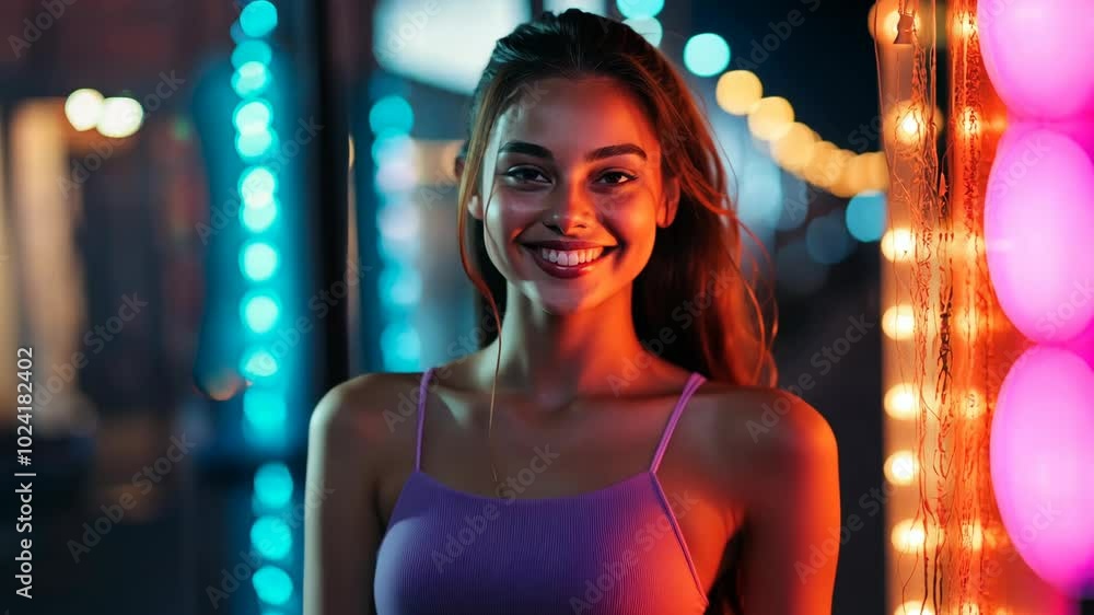A woman smiles brightly in front of colorful string lights A woman smiles brightly in front of colorful string lights