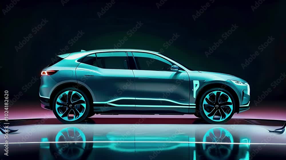 A futuristic electric car charging with blue neon lights on a dark reflective surface. A futuristic electric car charging with blue neon lights on a dark reflective surface.