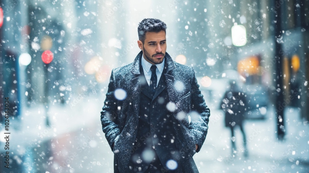 A Well-Dressed Man Strolls Confidently Along a Bustling Urban Street, Enveloped in a Serene Snowfall A Well-Dressed Man Strolls Confidently Along a Bustling Urban Street, Enveloped in a Serene Snowfall