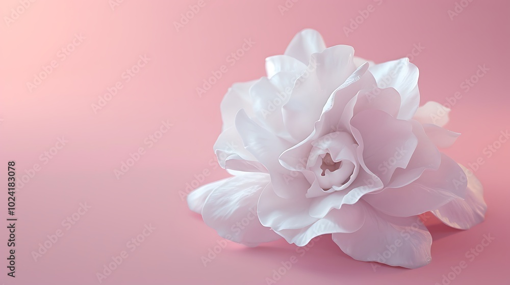 A delicate white gardenia flower isolated on a pastel pink background. A delicate white gardenia flower isolated on a pastel pink background.