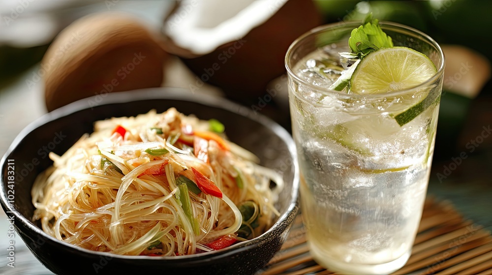 Closeup of Glass of Lime Water and Bowl of Glass Noodles with Vegetables Closeup of Glass of Lime Water and Bowl of Glass Noodles with Vegetables