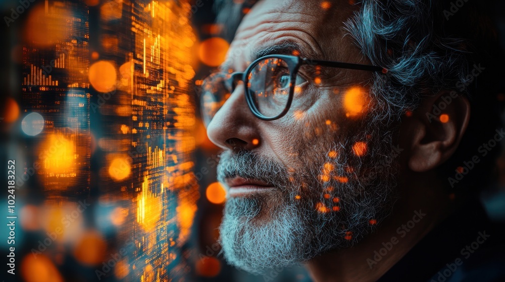 A thoughtful man with a gray beard and glasses looks up with a serious expression on his face as digital data flows past him. A thoughtful man with a gray beard and glasses looks up with a serious expression on his face as digital data flows past him.