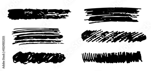 Set of grunge textures, brushes. Charcoal pencil shading, strokes, black silhouette. Simple vector illustration.