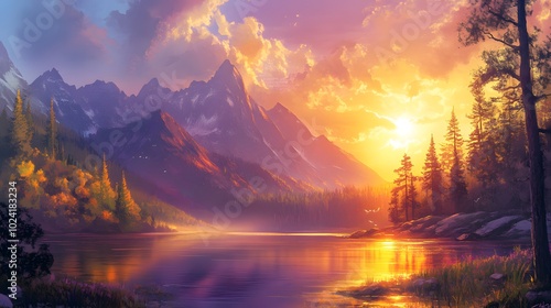 Sunset over a Mountain Lake with a Forest in the Foreground