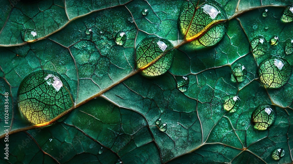 Fototapeta premium 2410_003.ultra-high resolution nature study, crystalline water spheres resting on jade leaf epidermis, intricate cellular structure visible, gentle gradient lighting, serene forest ambiance,