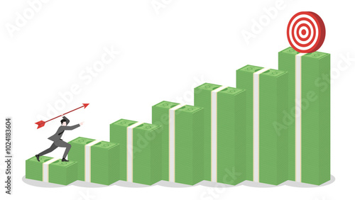A businessman aiming and throwing an arrow to a business target on banknotes stack in graph up. Focus, determination in achieving success and corporate goals. Business ambition and strategic planning