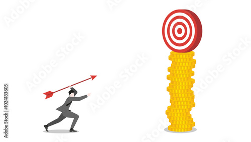 A businessman aiming and throwing an arrow to a business target on the stack of coins. Focus, determination in achieving success and corporate goals. Business ambition and strategic planning concept