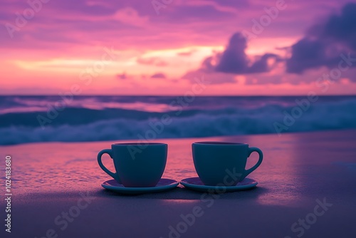 Two coffee cups on a beach during a vibrant sunset, symbolizing relaxation, companionship, and the peaceful moments shared by the sea.