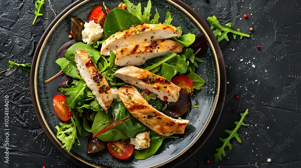 A fresh Caesar salad with grilled chicken on plate A fresh Caesar salad with grilled chicken on plate