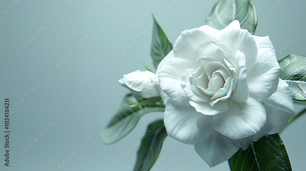 A delicate white gardenia flower isolated on a light gray background. A delicate white gardenia flower isolated on a light gray background.