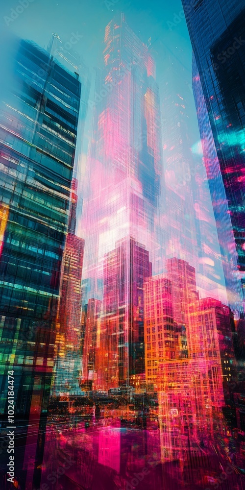 Futuristic skyscraper shown through a double exposure effect, featuring vibrant colors and dynamic urban visuals. Futuristic skyscraper shown through a double exposure effect, featuring vibrant colors and dynamic urban visuals.