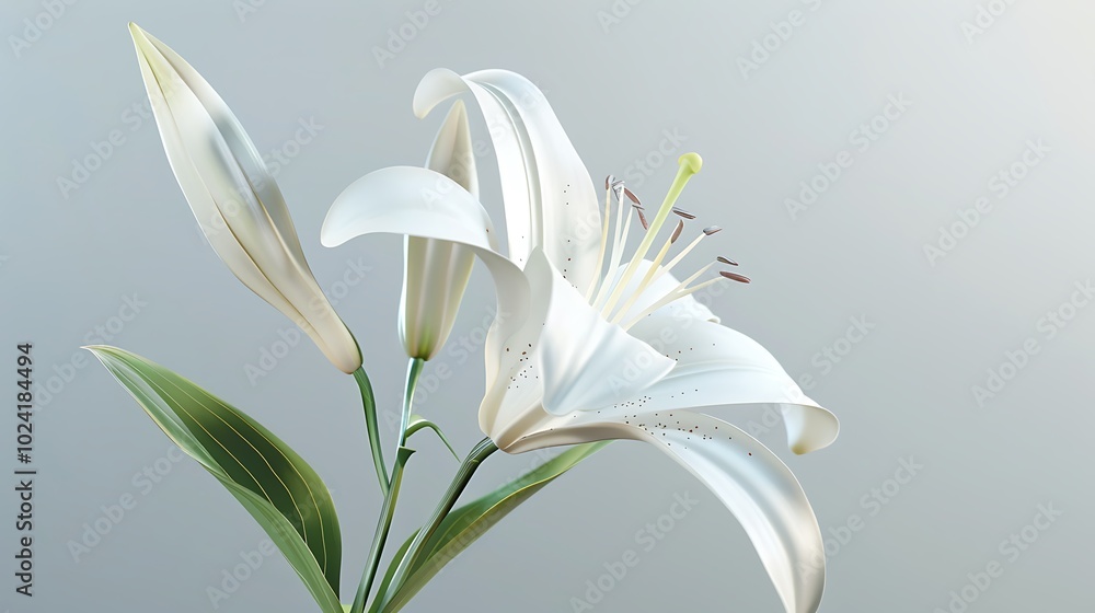 Fototapeta premium A delicate white lily flower isolated on a light gray background.