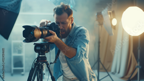 Photographer in a studio setting adjusting a camera on a tripod