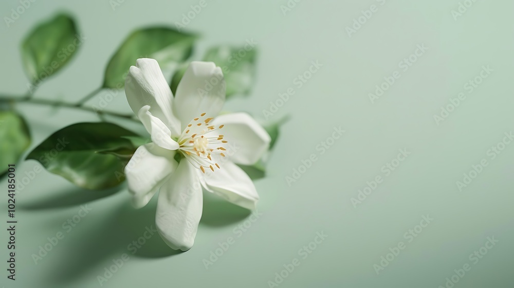 Obraz premium A delicate white jasmine flower isolated on a light green background.