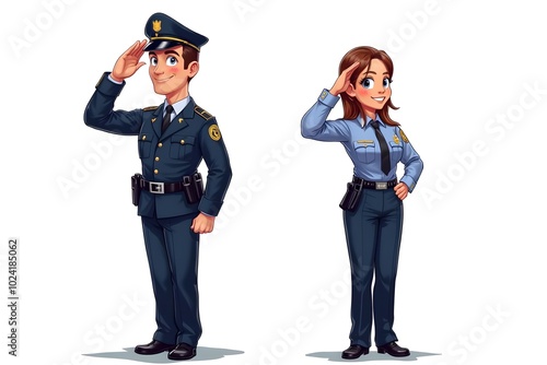  a full-body cartoon illustration of a male and female police officer standing straight and giving a salute. Both characters are wearing full police uniforms with confident expressions. The background