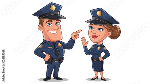 cartoon-style illustration of two police officers, one male and one female, in their uniforms. The male officer is standing confidently with arms crossed, while the female officer is smiling and givin photo