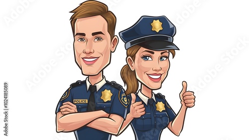 cartoon-style illustration of two police officers, one male and one female, in their uniforms. The male officer is standing confidently with arms crossed, while the female officer is smiling and givin photo