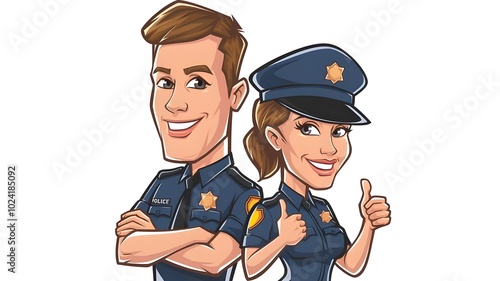 cartoon-style illustration of two police officers, one male and one female, in their uniforms. The male officer is standing confidently with arms crossed, while the female officer is smiling and givin photo