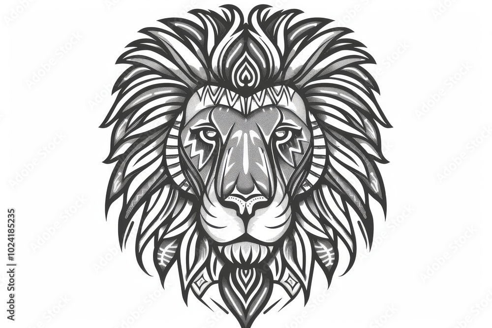 Lion head with tribal ornaments in simple line art. Lion head with tribal ornaments in simple line art.