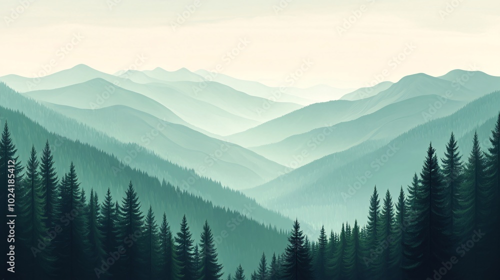 panoramic mountain vista, shadowy spruce treeline, receding layers of hills, cool mint and forest green tones, minimalist digital art, zen-like nature composition, subtle atmospheric haze panoramic mountain vista, shadowy spruce treeline, receding layers of hills, cool mint and forest green tones, minimalist digital art, zen-like nature composition, subtle atmospheric haze