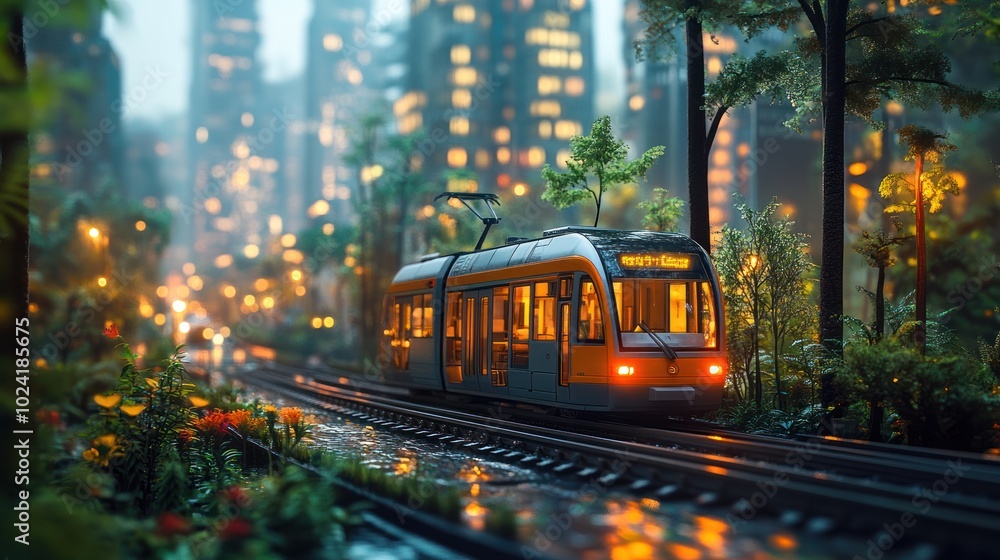 Obraz premium A vibrant tram travels through a misty urban landscape at dusk.