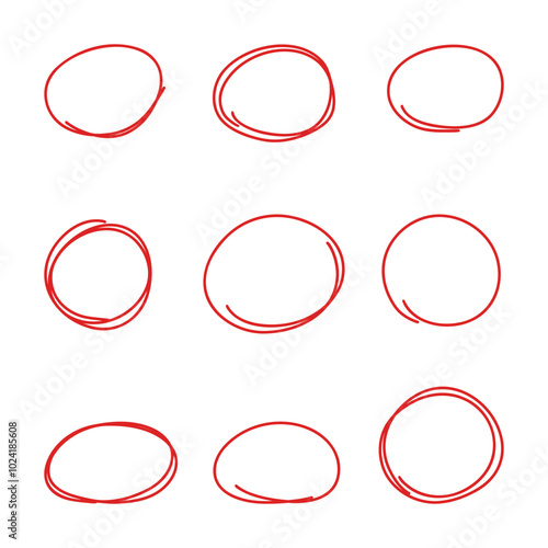 A set of red sketch contours of a circle isolated on a white background, drawn manually with a single line marker, vector. An empty element for marking, highlighting important things, stroke, frame